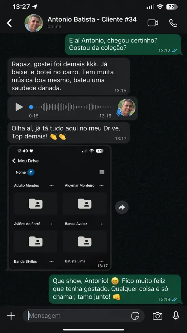 Depoimento de cliente no WhatsApp