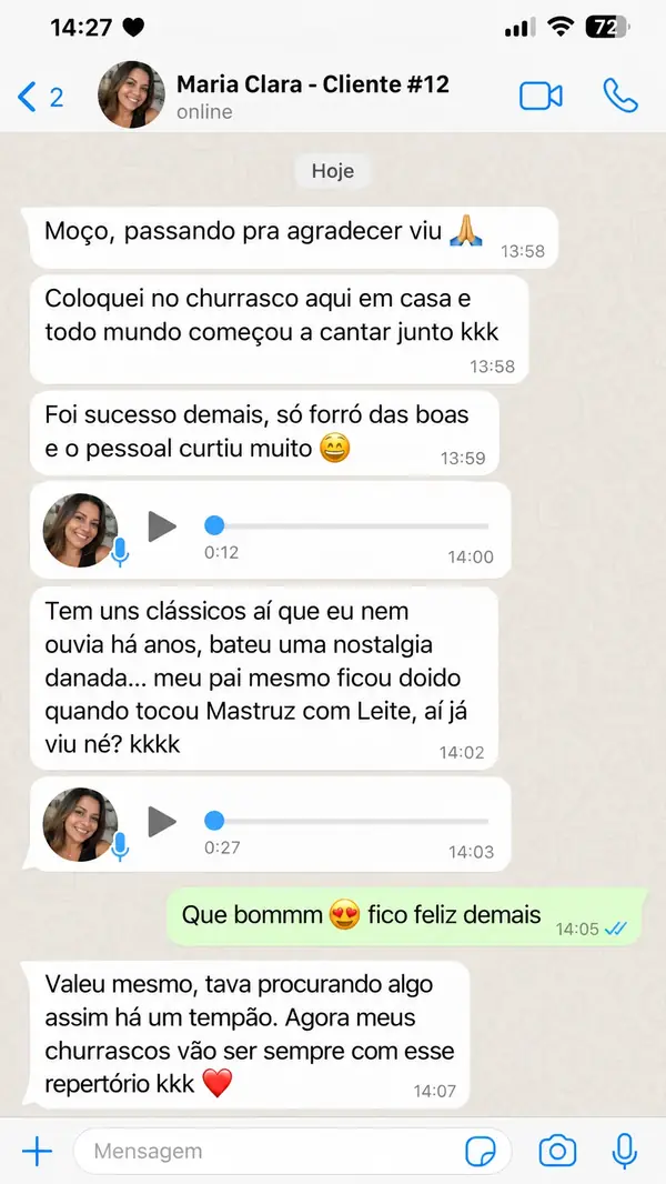 Depoimento de cliente no WhatsApp