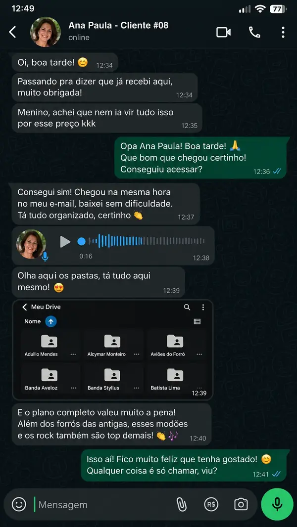 Depoimento de cliente no WhatsApp